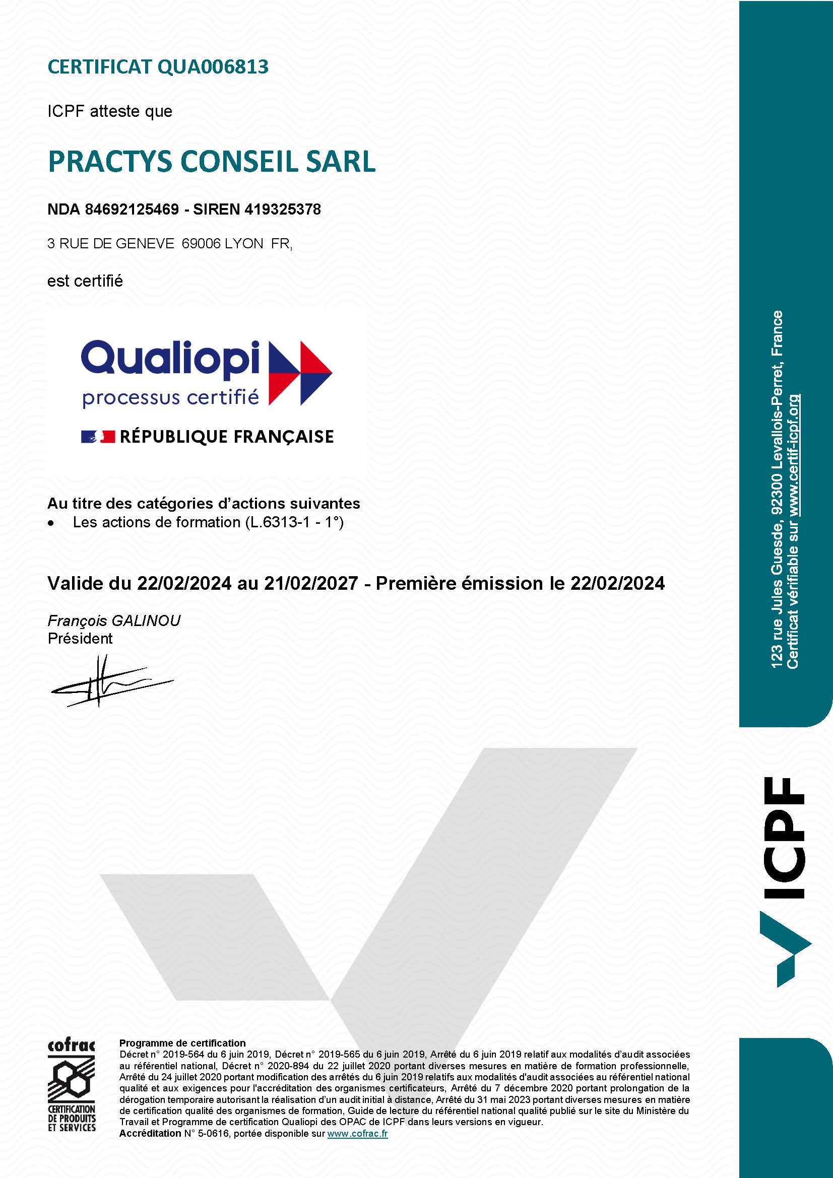 certificat QUA006813